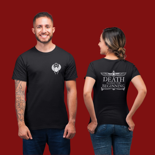 Two people wearing black t-shirts with text and graphics from Revenge of the Mummy on a red background